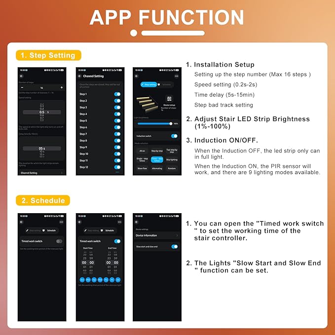 Smart Motion Sensor Staircase LED Strip Lights Kit, Intelligent 16-Step Light Controlled by APP & Remote(Not Include Battery) with 3000K Strips, Ideal for Indoor Stair Light Hallways & Stairs