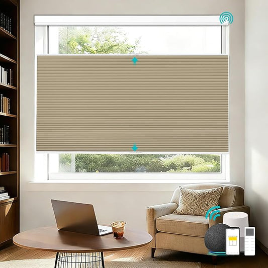 Motorized Top Down Bottom Up Cellular Shades with Remote, Custom Cordless Smart Honeycomb Blinds, Automatic Electric Blackout Window Blinds Work with Alexa Google for Home Office, Light Brown