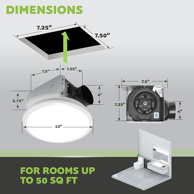 Homewerks 7141-50 Bathroom Fan Integrated LED Light Ceiling Mount Exhaust Ventilation 0.7 Sones 50 CFM, White