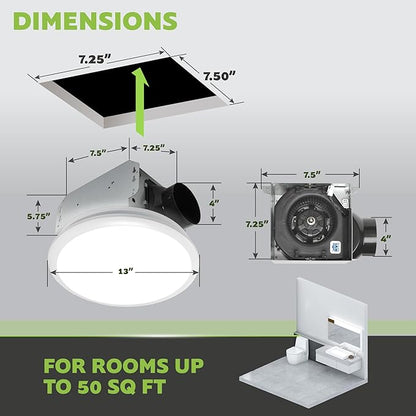 Homewerks 7141-50 Bathroom Fan Integrated LED Light Ceiling Mount Exhaust Ventilation 0.7 Sones 50 CFM, White