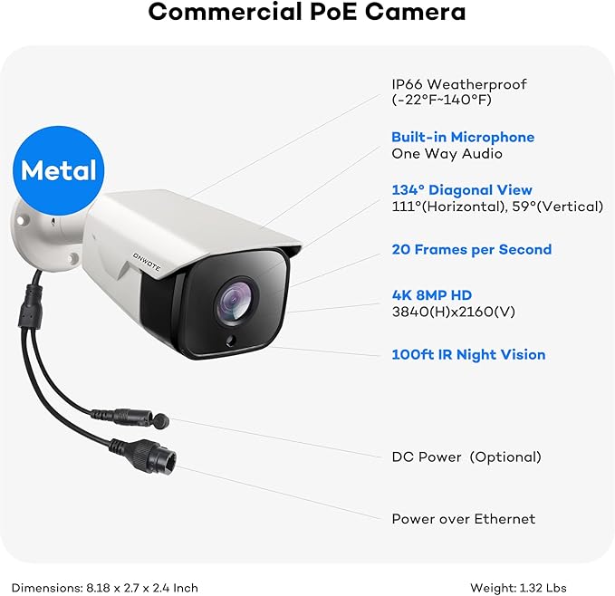 ONWOTE 4K 8MP PoE IP Security Camera, AI Human Vehicle Detection, 3840x2160 8 Megapixels, 134° FoV, Video Audio, Indoor Outdoor, Commercial Wired Camera for Business, Add-on to PoE NVR System (White)