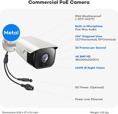 ONWOTE 4K 8MP PoE IP Security Camera, AI Human Vehicle Detection, 3840x2160 8 Megapixels, 134° FoV, Video Audio, Indoor Outdoor, Commercial Wired Camera for Business, Add-on to PoE NVR System (White)