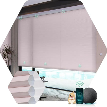 Yoolax Motorized Cellular Shades Compatible with Alexa, Light Filtering Motorized Blinds with Remote Smart Honeycomb Shades for Indoor Windows, Automatic Blinds Custom Size (Light Pink)