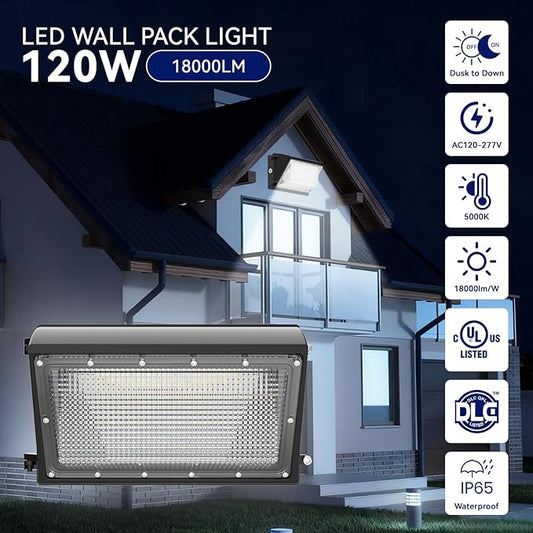 LED Wall Pack Light 120W, 18000LM 5000K Daylight, Outdoor Lighting with Dusk-to-Dawn Photocell, LED Wall Pack for Parking Lot, Warehouse, Yard, ETL Listed (120W - 1P)