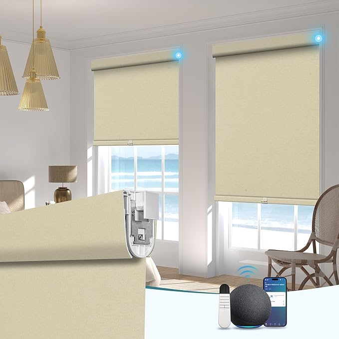 BERISSA Smart Motorized Blinds with Remote,No Drill Automatic Roller Blinds for Indoor Windows,Blackout Linen Fabric,Electric Shades for Windows Home Office,Beige,Custom Size