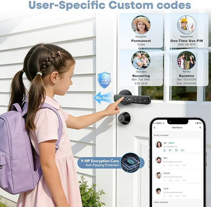 Fingerprint Door Lock, Door Locks for Bedroom, Keyless Entry Door Knob with Handle,Generate Passcode App Remotely-Smart Door Lock for Apartment, Office-Black