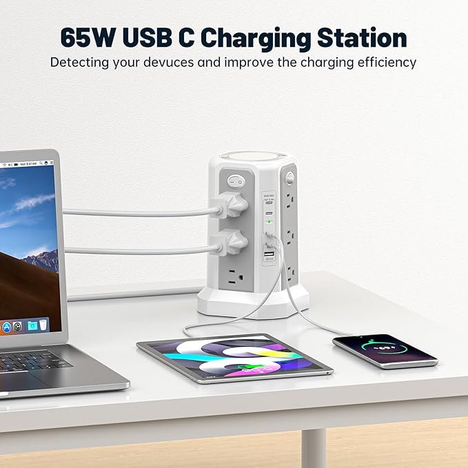 PASSUS PD 65W USB C Fast Desktop Charging Station, Tower Power Strip Surge Protector with 12 Widely Spaced AC Outlets|4 USB C|1 USB A, 10FT Extension Cord Overload Protection for Home Office Dorm