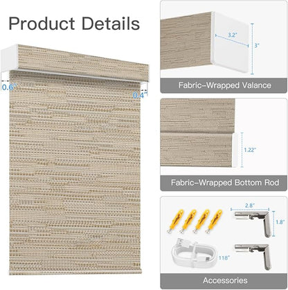 Tokblind Motorized Blackout Roller Shade Fabric Covered Valance and Bottom Rod, Remote Control Electric Window Blind Work with Alexa Google via Hub, Custom Size (Texture Dark Coffee - Wrapped Fabric)