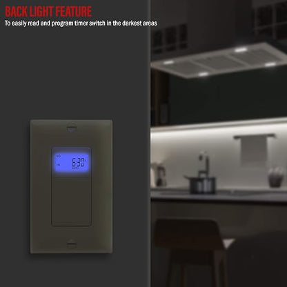 Enerlites 7 Days Digital in-Wall Programmable Timer Switch for Lights, Fans, and Motors, Single Pole, Neutral Wire Required, 7-Day 18 ON/Off Timer Settings, with Blue Backlight, HET01, Ivory | UL Listed, Digital In-Wall Switch Timer with 18 ON/OFF Sett...