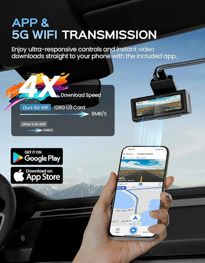TECXERLLON 4K Dash Cam Front and Rear with ADAS Assist, Free 128GB Card Included, Built-in GPS & 5G WiFi, G-Sensor, Dash Camera with No-Light Night Vision,170°/150° Wide View, 24H Parking Mode