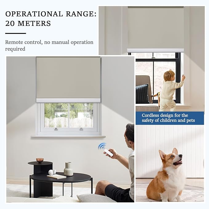 Grandekor Motorized Blinds with Remote Control, Blackout Roller Shade Electric Shades Cordless Smart Blinds for Bedroom Living Room Office,Beige,W46xH72