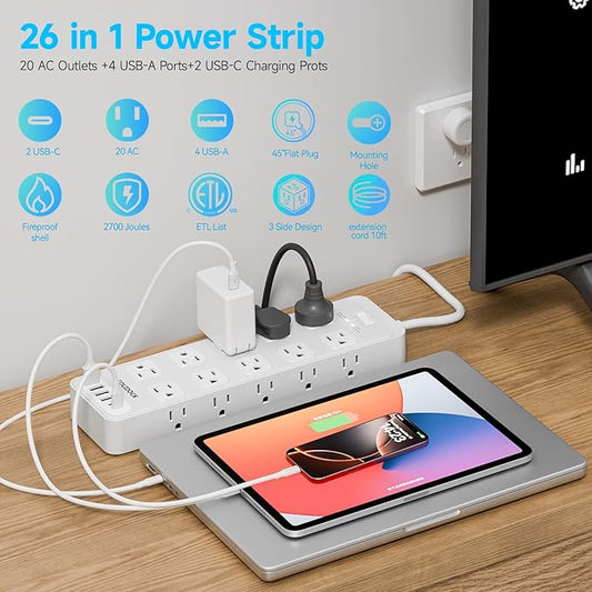 20 Outlet Power Strip with USB C,6Ft Extension Cord with Multiple Outlets, 2700 Joules Surge Protector,1875W/15A, ETL Listed for Home Office Dorm Gaming (White, 6FT)