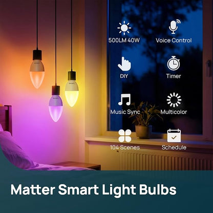 Linkind Matter E12 Led Bulb, Color Changing Smart Light Bulbs, 8 Pack | Works with Alexa/Apple Home/Google Home, Decorative Candelabra Light Bulbs for Chandelier, Tunable White, 2.4G WiFi, 500LM