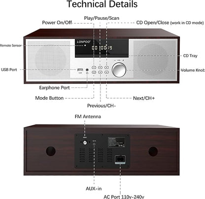 LONPOO Stereo Shelf System for Home, Vintage CD Player 40W RMS Micro Mini System with Remote Control, Bluetooth, FM Radio, USB MP3 Playback & Aux-in,Silver