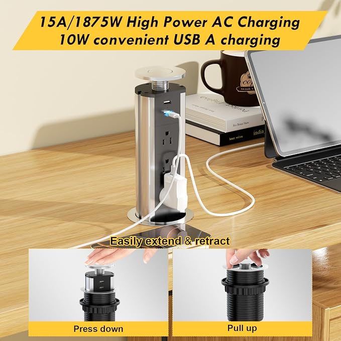 Pop up Outlet for Countertop, 3 AC Outlets & 2 USB-A, 3-1/4 Inch Silver