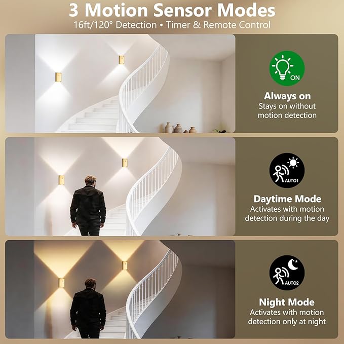 Wireless Adhesive Motion Sensor Wall Light with Remote, 6000mAh Battery Operated 300LM 3CCT Dimmable & Timer - Cordless Wall Sconce for Stair Hallway Bedroom Closet Gold for Renters Elderly Pet Owners