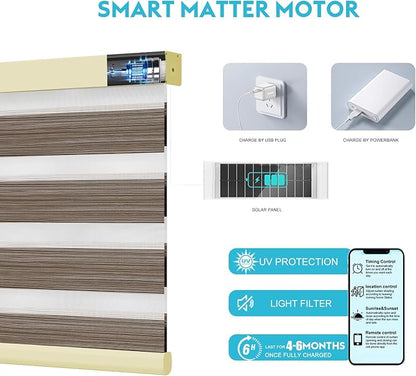 Motorized Zebra Blinds with Remote Smart Blind Work with Homekit Alexa SmartThings Electric Day and Night Shade Cordless Automatic Solar Powered Window Shade Customize(Wooden Texture Coffee)