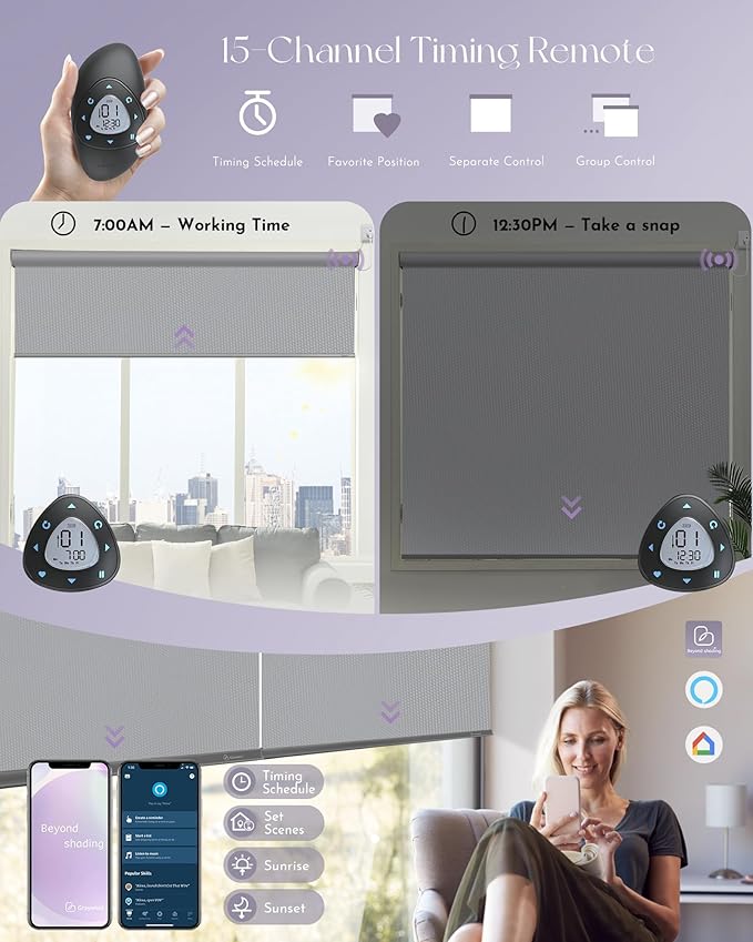 Graywind Motorized Roller Shade 100% Blackout Work with Alexa Google Waterproof Vinyl Fabric Remote Control Hardwired Window Shades Window Blinds, Customized Size (Light Grey)