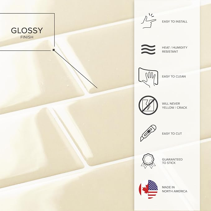 Smart Tiles Peel and Stick backsplash, Subway Cream Beige, 11.55"x8.38" | Pack of 5 (2.8 sq ft), Glossy, Heat/Moisture Resistant, Low VOC, Kitchen/Bathroom, Renter Friendly, Made in Canada