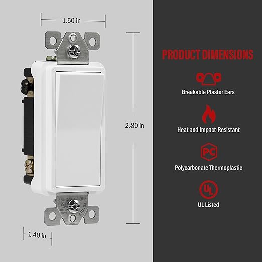 ENERLITES 4-Way Decorator Light Switch, Four Way Rocker Switch, Gloss Finish, Ground Wire Lead Attached, Residential/Commercial Grade, 15A 120V/277V, UL Listed, 94150-W-5PCS, White, 5 Pack