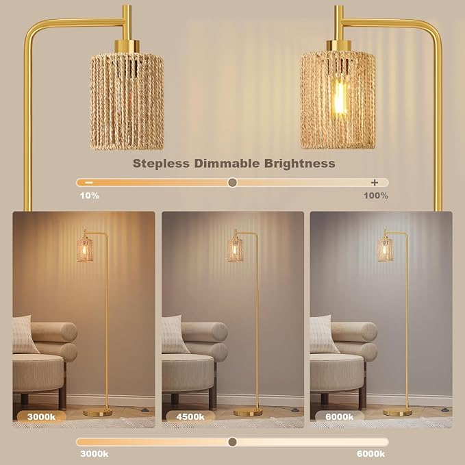 Oneach 66" Gold Floor Lamp for Living Room, Boho Floor Lamp with Remote Control and LED Bulb, Rattan Shade, Industrial Tall Farmhouse Standing Lamp for Bedroom, Dining Room, Study Room, Office