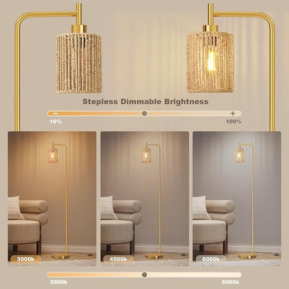 Oneach 66" Gold Floor Lamp for Living Room, Boho Floor Lamp with Remote Control and LED Bulb, Rattan Shade, Industrial Tall Farmhouse Standing Lamp for Bedroom, Dining Room, Study Room, Office