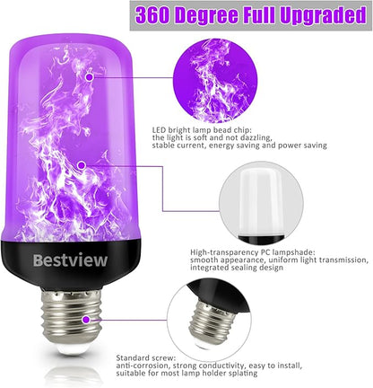 Bestview LED Flame Effect Light Bulbs,4 Modes Smart E26/E27 Base Flickering Fire Light Bulbs for Halloween, Christmas, Party, Porch, Indoor&Outdoor Home Decoration Lighting (Purple 2 Pack)