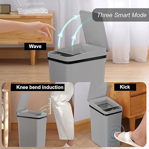 Yatmung 3 Pack - Small Trash Can with Lid for Bathroom 2.5 Gallon Automatic Trash Cans Touchless - Bedroom, Kitchen, Office - Slim Smart Garbage Can - Motion Sensor Trash can Bathroom (Grey)
