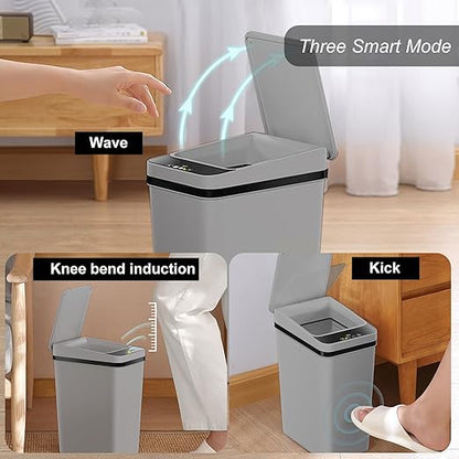 Yatmung 3 Pack - Small Trash Can with Lid for Bathroom 2.5 Gallon Automatic Trash Cans Touchless - Bedroom, Kitchen, Office - Slim Smart Garbage Can - Motion Sensor Trash can Bathroom (Grey)