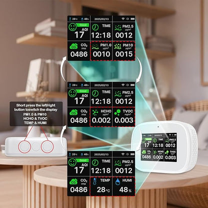 18-in-1 Smart Air Quality Monitor - Indoor WiFi Air Quality Detector with Dual Chip, Real-Time for AQI, CO2, PM2.5, PM1.0, PM10, TVOC, HCHO, Time, Temperature & Humidity with APP (White-Black)