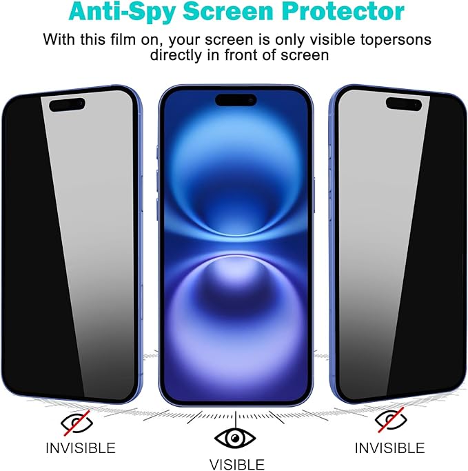 PEHAEL 3+3 Pack for iPhone 16 Plus Privacy Screen Protector with Camera Lens Protector Full Coverage Anti-Spy Tempered Glass Film 9H Hardness Easy Installation Bubble Free [6.7 inch]