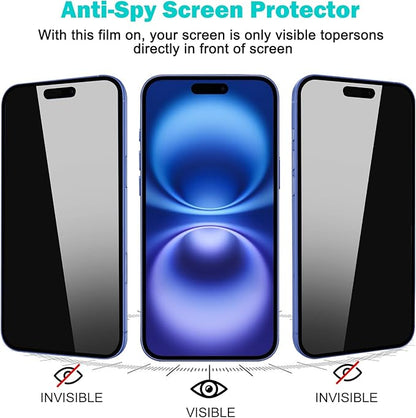 PEHAEL 3+3 Pack for iPhone 16 Plus Privacy Screen Protector with Camera Lens Protector Full Coverage Anti-Spy Tempered Glass Film 9H Hardness Easy Installation Bubble Free [6.7 inch]
