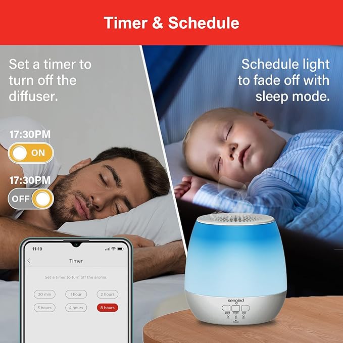 Sengled Smart WiFi Essential Oil Diffuser, 150ml Ultrasonic Aromatherapy Diffuser with Alexa & Google Home App & Voice Control, Night Lights Auto Off & Timer Function, LED Colors Humidifier for Home