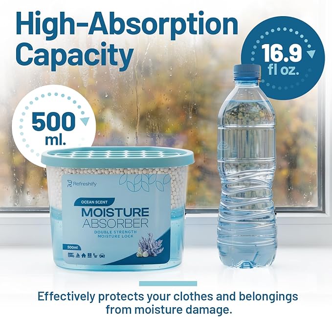 Premium Moisture Absorbers and Dehumidifier Tubs – High-Efficiency Closet Dehumidifier, Ocean Scent, 12 Pack, 7.5 Oz