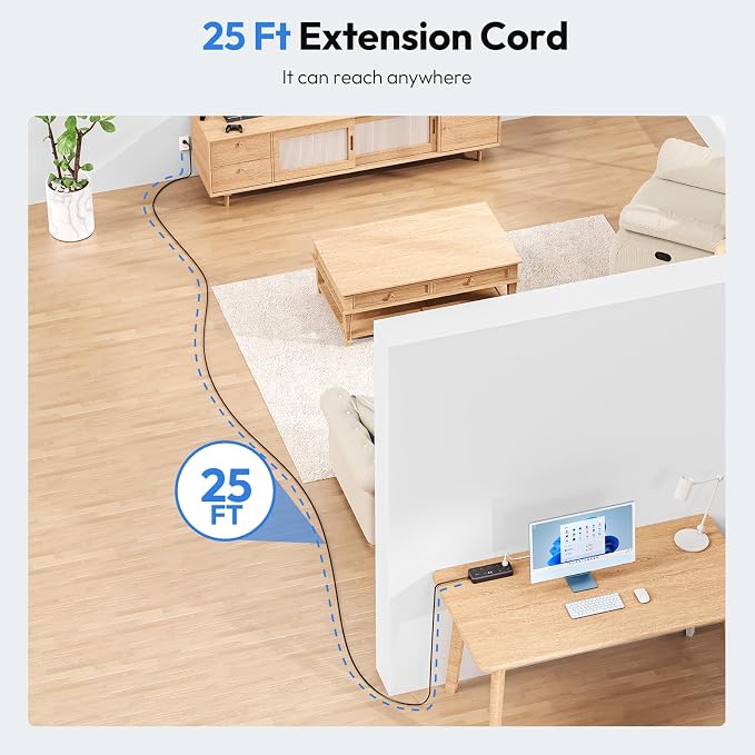 NTONPOWER 25 FT Extension Cord 10 Widely Spaced Outlets, 4 USB Port(2 USB C Port), Ultra Thin Flat Plug Extension Cords 25 Feet, Long Extension Cord for Home Office Garage, Black
