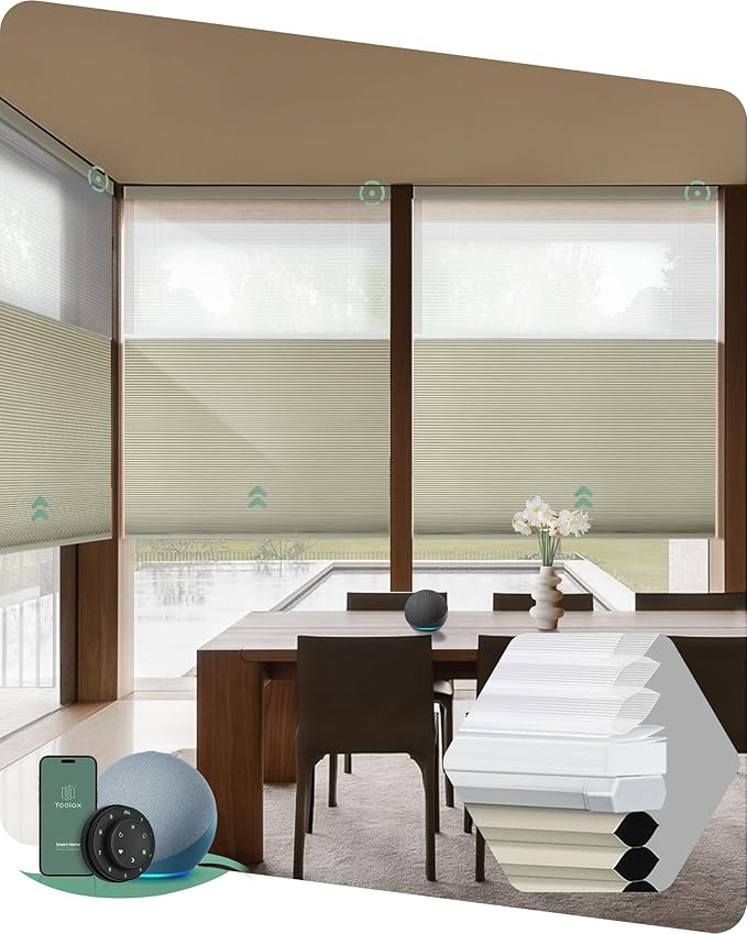 Yoolax Smart Motorized Day and Night Cellular Shades with Remote, Top Down Bottom Up Blinds Compatible with Alexa, Blackout and Light Filtering Honeycomb Blinds (Beige)