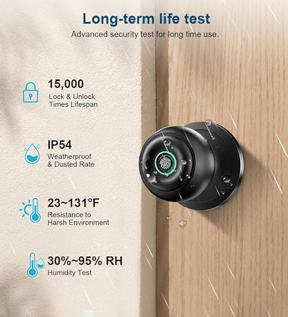 Fingerprint Door Lock, Smart Fingerprint Door Knob with Lock, Biometric Door knob with App Control & Key, Keyless Thumbprint Entry Door Lock for Bedroom, Front Door, Home, Apartment Office-Matte Black