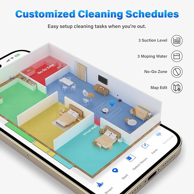 Tikom Robot Vacuum and Mop, L8000 Laser LiDAR Navigation Robotic Vacuum, 150Mins Max, 45dB, 14 No-Go Zones, 20 Virtual Walls, Self-Charging, Good for Pet Hair, Carpet, Hard Floor, White