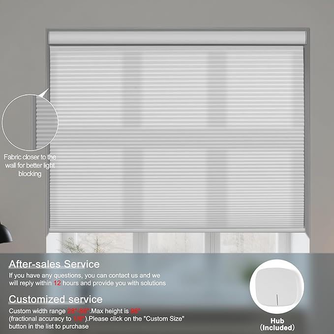 BERISSA Motorized Cellular Shades, Light Filtering Smart Honeycomb Blinds with Remote Control & Hub, Custom Room Darkening Automatic Cellular Window Blinds for Home Office, Living Room, Door,White