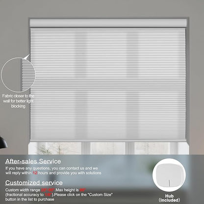 BERISSA Motorized Cellular Shades, Light Filtering Smart Honeycomb Blinds with Remote Control & Hub, Custom Room Darkening Automatic Cellular Window Blinds for Home Office, Living Room, Door,White