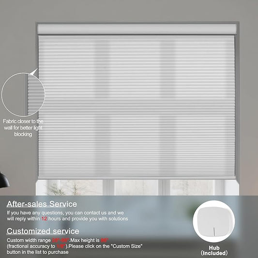 BERISSA Motorized Cellular Shades, Light Filtering Smart Honeycomb Blinds with Remote Control & Hub, Custom Room Darkening Automatic Cellular Window Blinds for Home Office, Living Room, Door,White