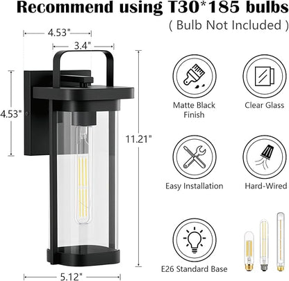 2-Pack Outdoor Wall Lights, Porch Lights, Waterproof Outdoor Wall Sconce Lanterns, Exterior Lighting Fixtures Matte Black with Clear Glass Shade for House Patio Garage Doorway Entryway