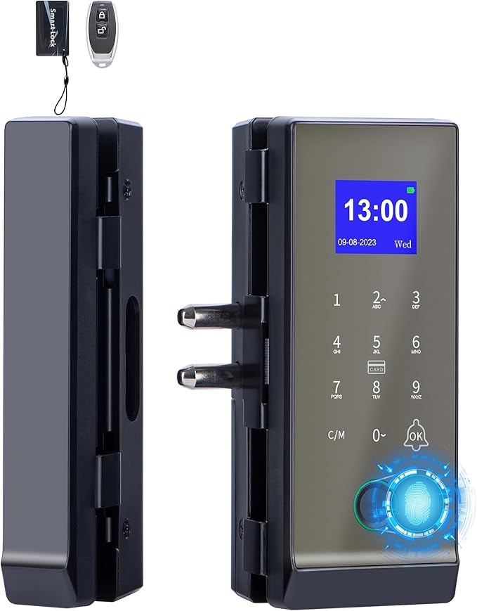 Keyless Entry Glass Door Knobs,Drill-Free Smart Lock Deadbolt,Perfiware 4in1 Biometric Fingerprint Glass Door Locks,Great for Home,Cabinet,Apartment,Hotel,Office,Store, Medium, Black