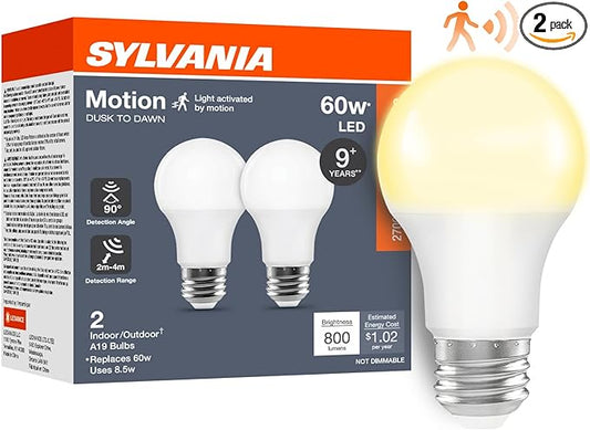 Sylvania A19 Dusk to Dawn LED Light Bulb with Motion Sensor, 8.5W = 60W, Frosted Finish, 90 CRI, Security/Safety Bulb, Damp-Rated, 2700K, Soft White - 2 Pack (42710)