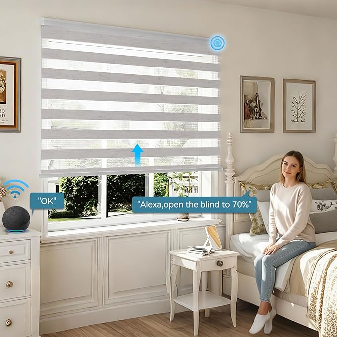Interior Window Shades, Smart Dual Layer Light Filtering Blinds Compatible with Alexa & Google Home, Customized Size Cordless Electric Window Shades, (Linen White, 55% Blackout)