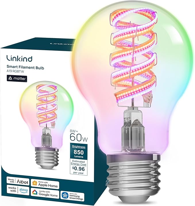 Linkind Matter Smart Light Bulbs, Compatible with Alexa/Apple Home/Google Home, A19 Smart Edison Bulb with Music Sync & Light Show, Warm&Daylight White(1800K-6500K), E26 LED 60W Eqv 850LM, 1Pack