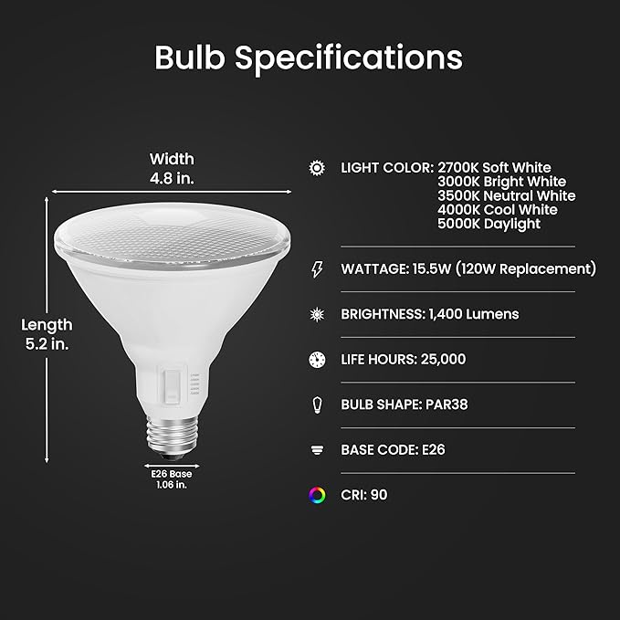 Feit Electric PAR38 Adjustable White LED Light Bulb, Selectable Color Temperature, Dimmable, Indoor/Outdoor Flood Light for Security, Recessed & Track Lighting, PAR38120DM/6WYCA/2, 2 Pack