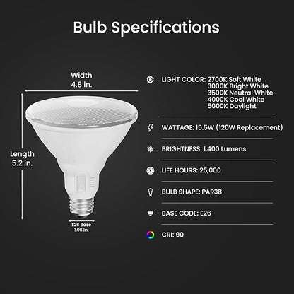 Feit Electric PAR38 Adjustable White LED Light Bulb, Selectable Color Temperature, Dimmable, Indoor/Outdoor Flood Light for Security, Recessed & Track Lighting, PAR38120DM/6WYCA/2, 2 Pack