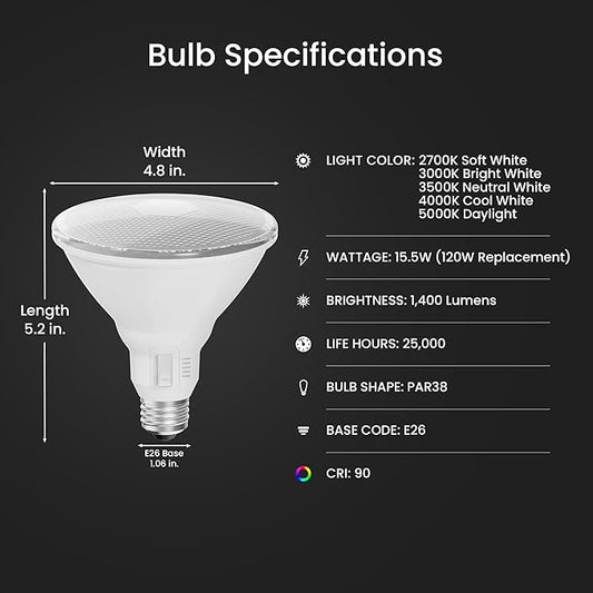 Feit Electric PAR38 Adjustable White LED Light Bulb, Selectable Color Temperature, Dimmable, Indoor/Outdoor Flood Light for Security, Recessed & Track Lighting, PAR38120DM/6WYCA/2, 2 Pack