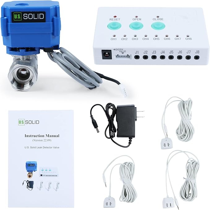 U.S. Solid Water Leak Detector with Auto Shut-Off Valve & Sound Alarm, 3/4" NSF Certified 304SS Motorized Ball Valve with 3 Sensors, Smart Sensor System for Water Heaters, Laundry & Flood Prevention